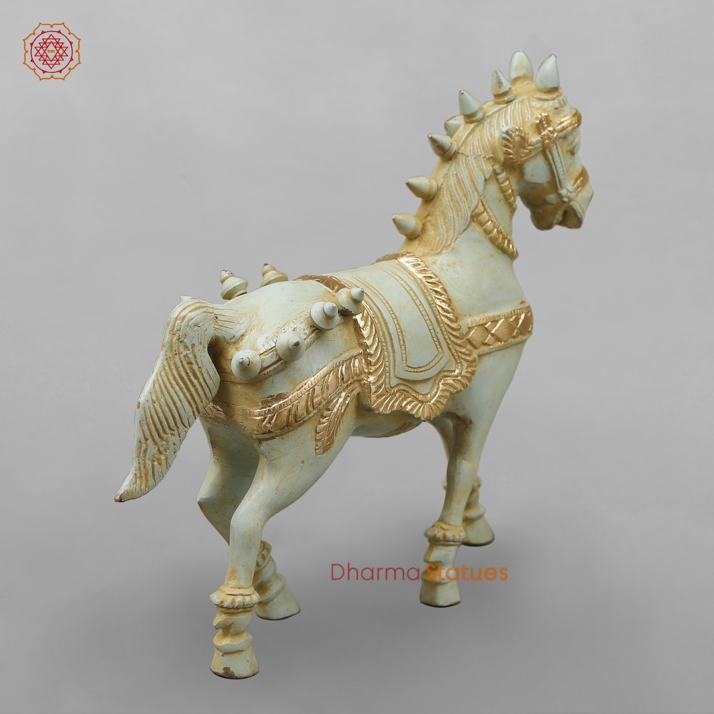 Brass Horse Standing with Fine Carving, Light Turquoise finish 12”