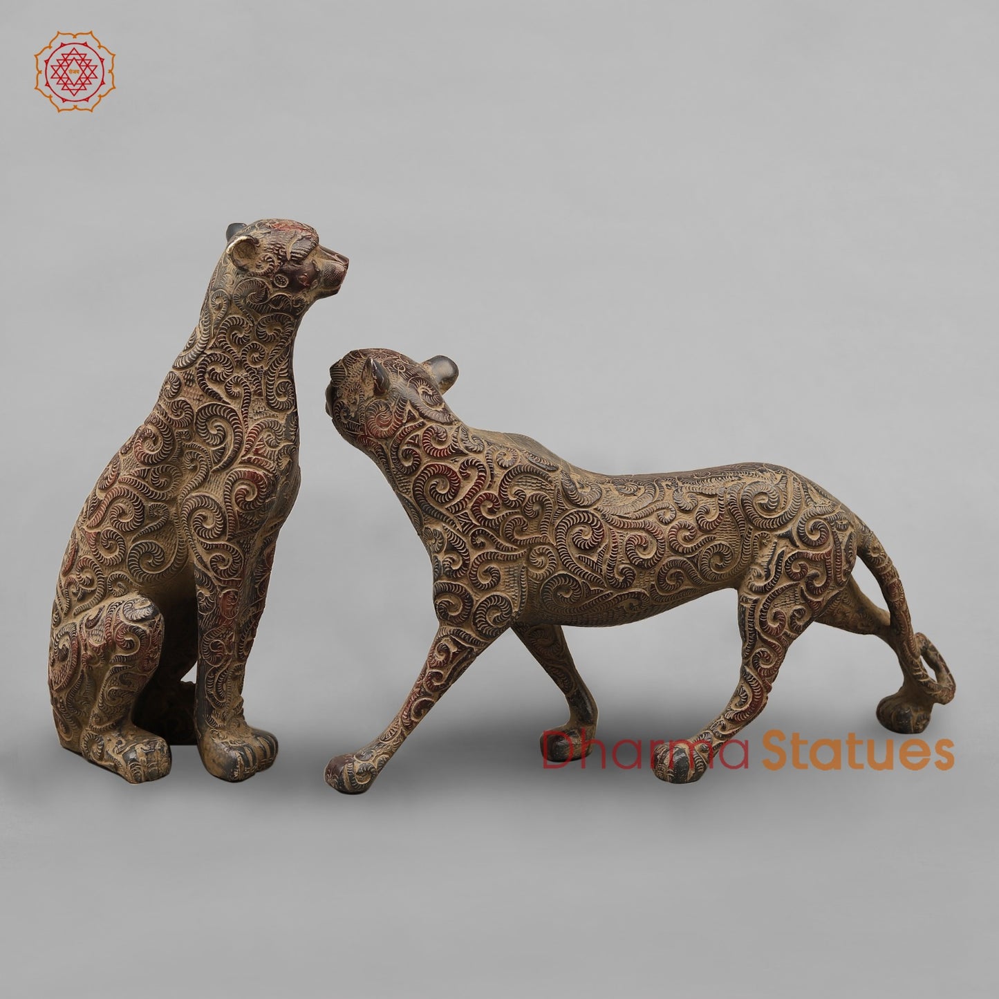 Brass Panther Couple Seated, Antique finish 14”