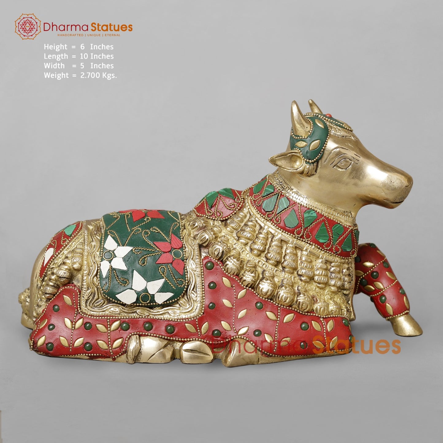 Brass Nandi Seated,Floral Stone Work 10”