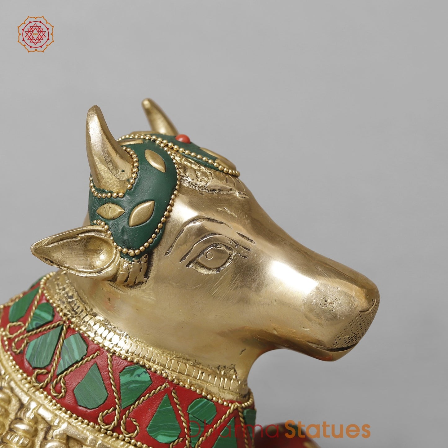 Brass Nandi Seated,Floral Stone Work 10”