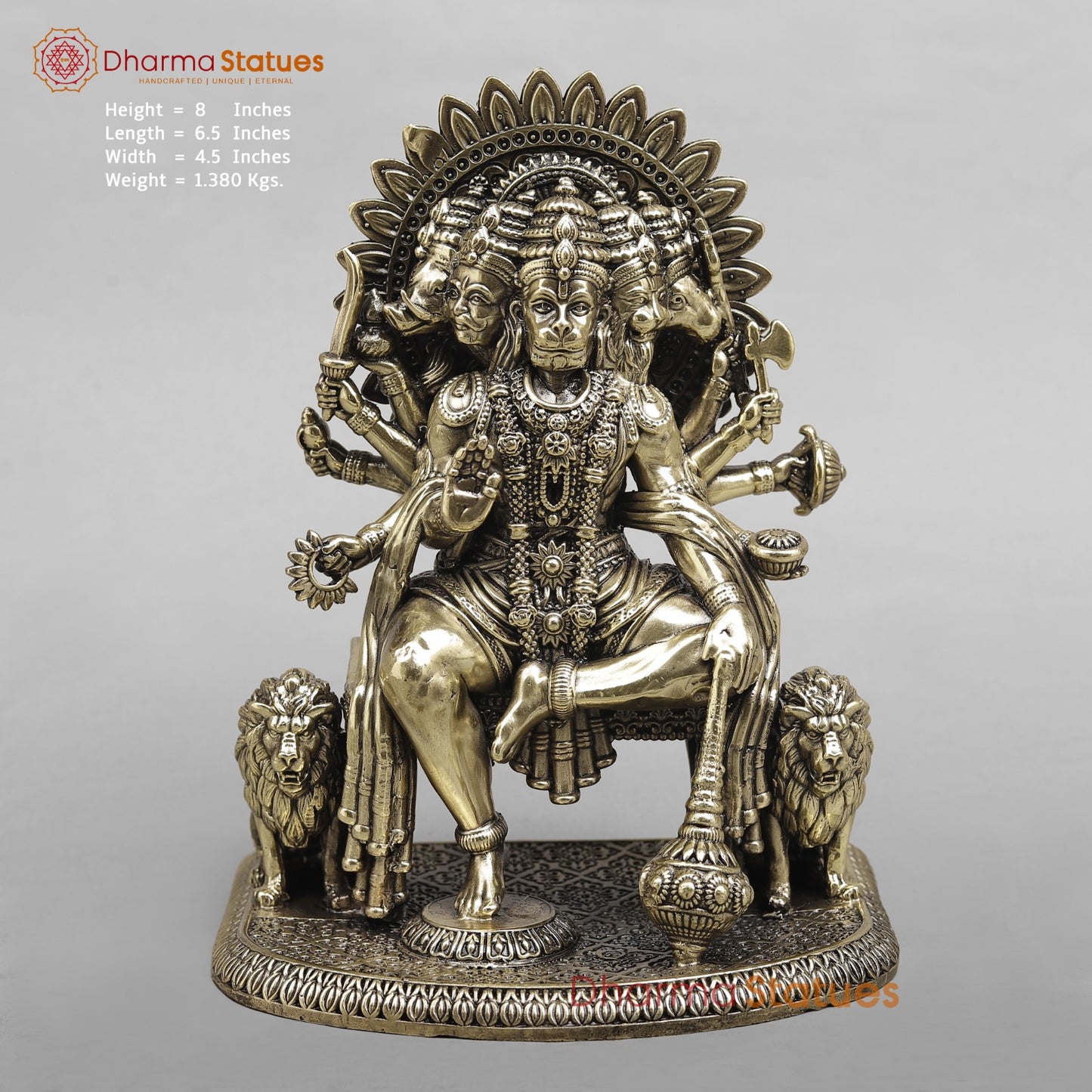 Brass Panchmukhi Hanuman Seated On throne with Lions Fine  8”
