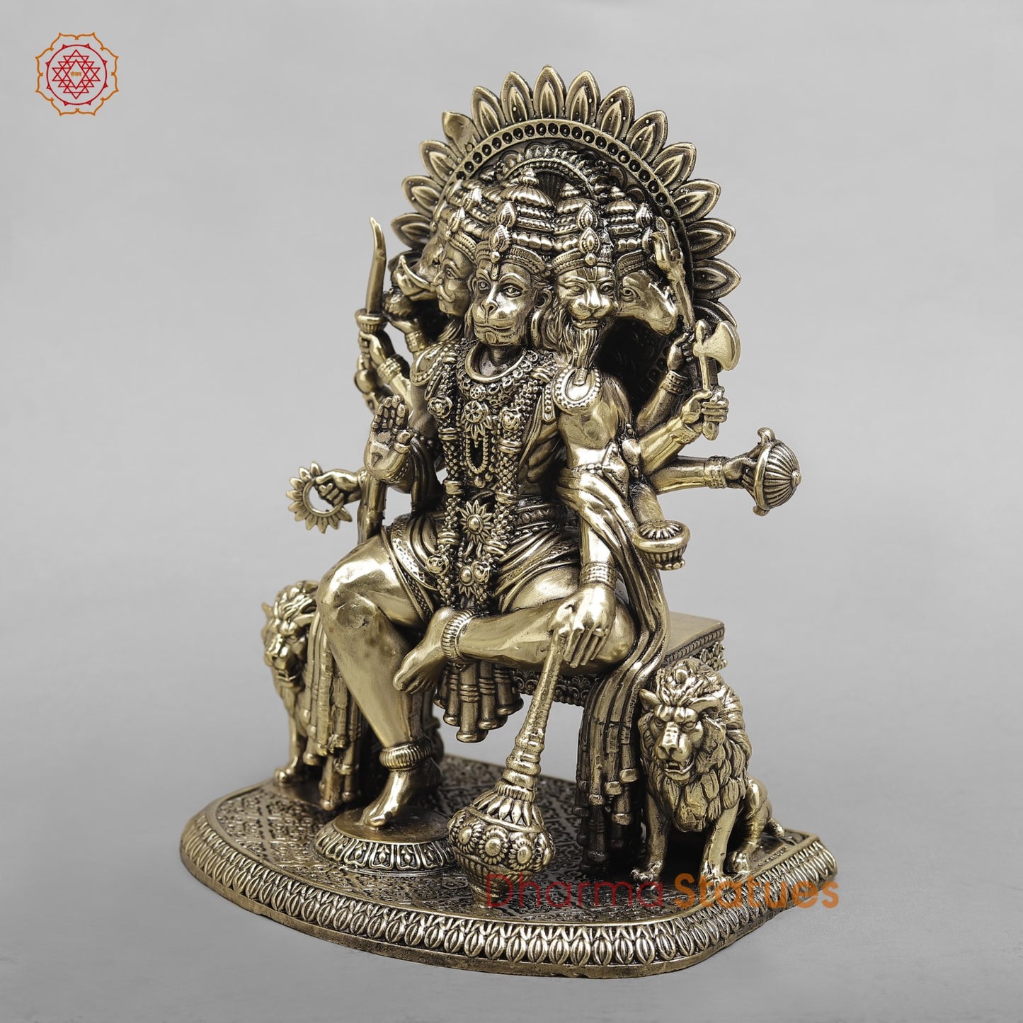 Brass Panchmukhi Hanuman Seated On throne with Lions Fine  8”