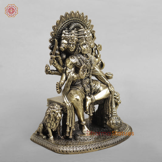 Brass Panchmukhi Hanuman Seated On throne with Lions Fine  8”