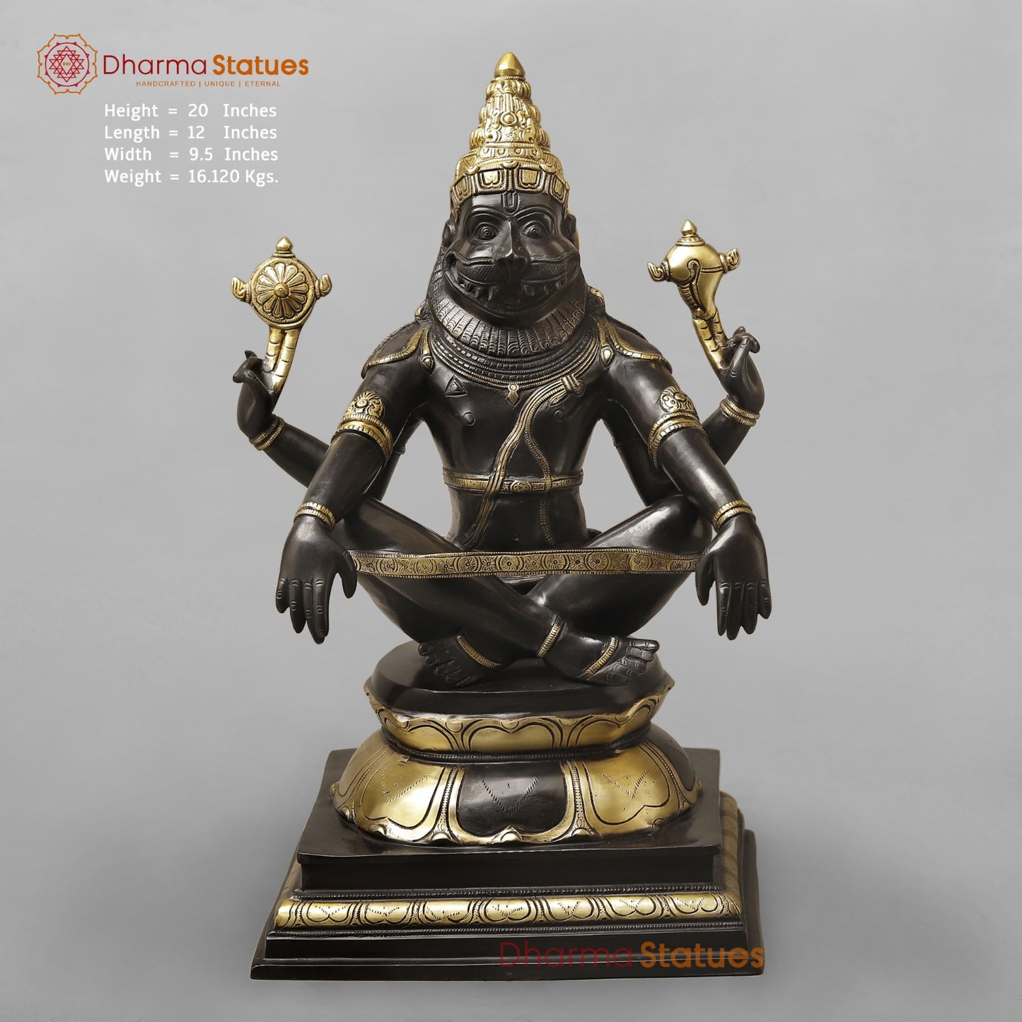 Brass Yoga Narsimha Seated On Pedestal, Royal Black Finish 20”