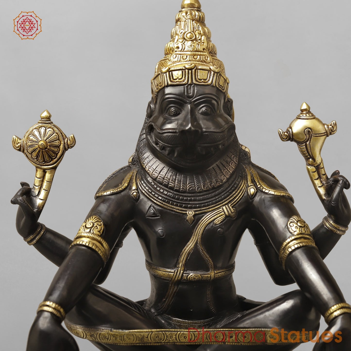 Brass Yoga Narsimha Seated On Pedestal, Royal Black Finish 20”