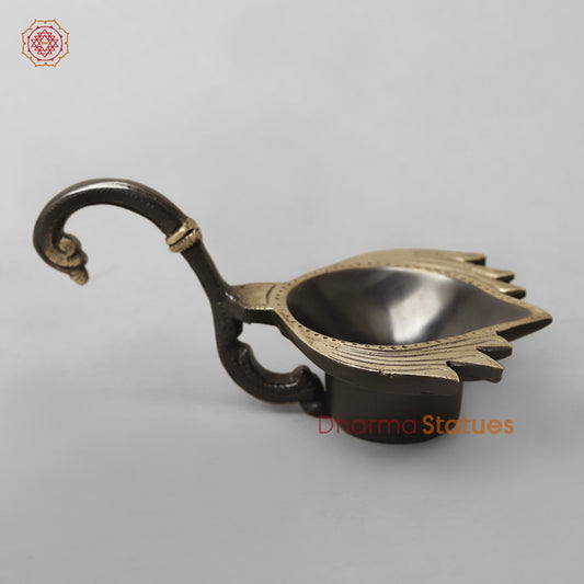 Brass Lotus Diya with handle , Royal black finish 6”