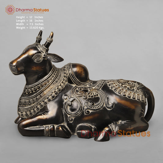Brass Nandi Seated With Fine Carving, South Indian Antique Finish 16”