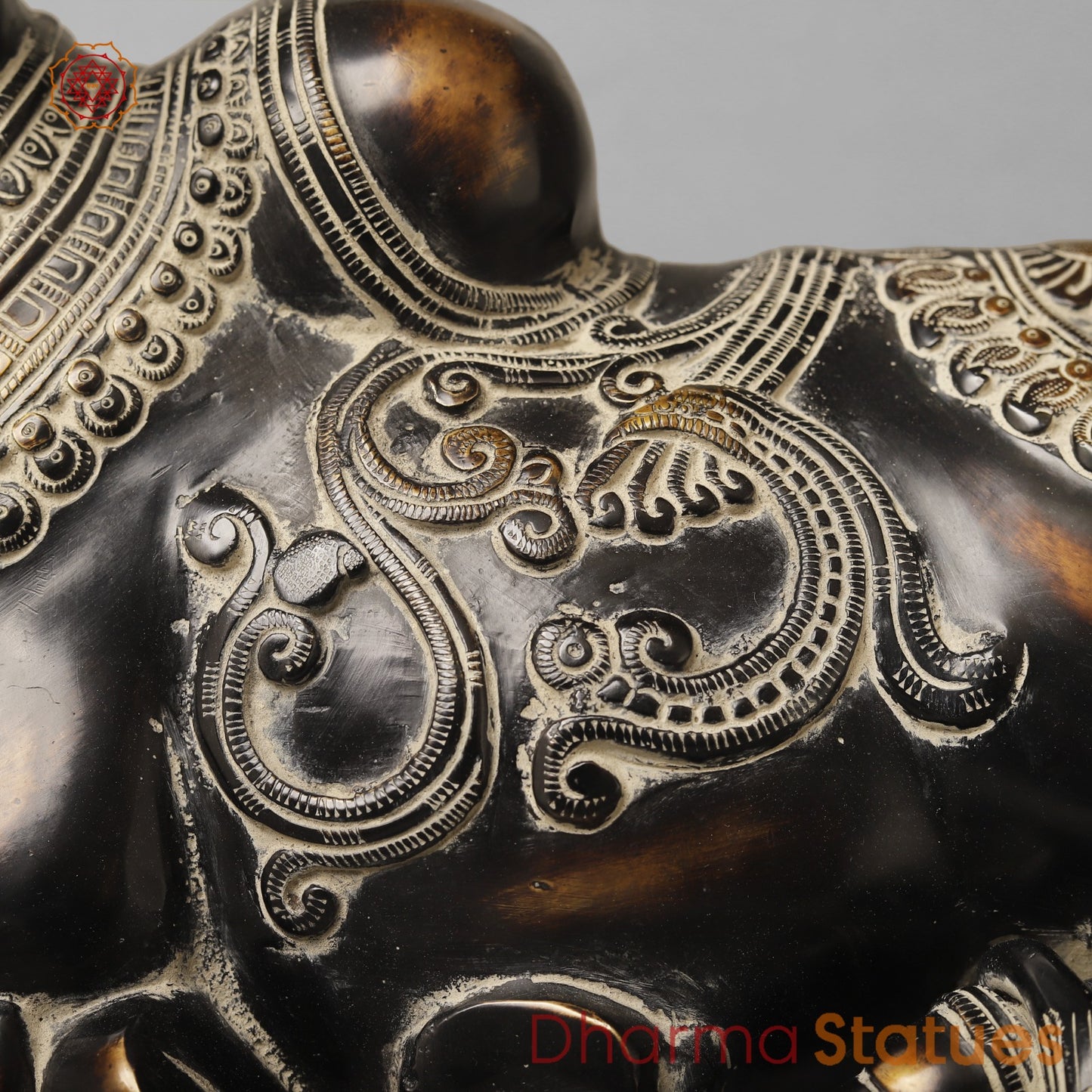 Brass Nandi Seated With Fine Carving, South Indian Antique Finish 16”