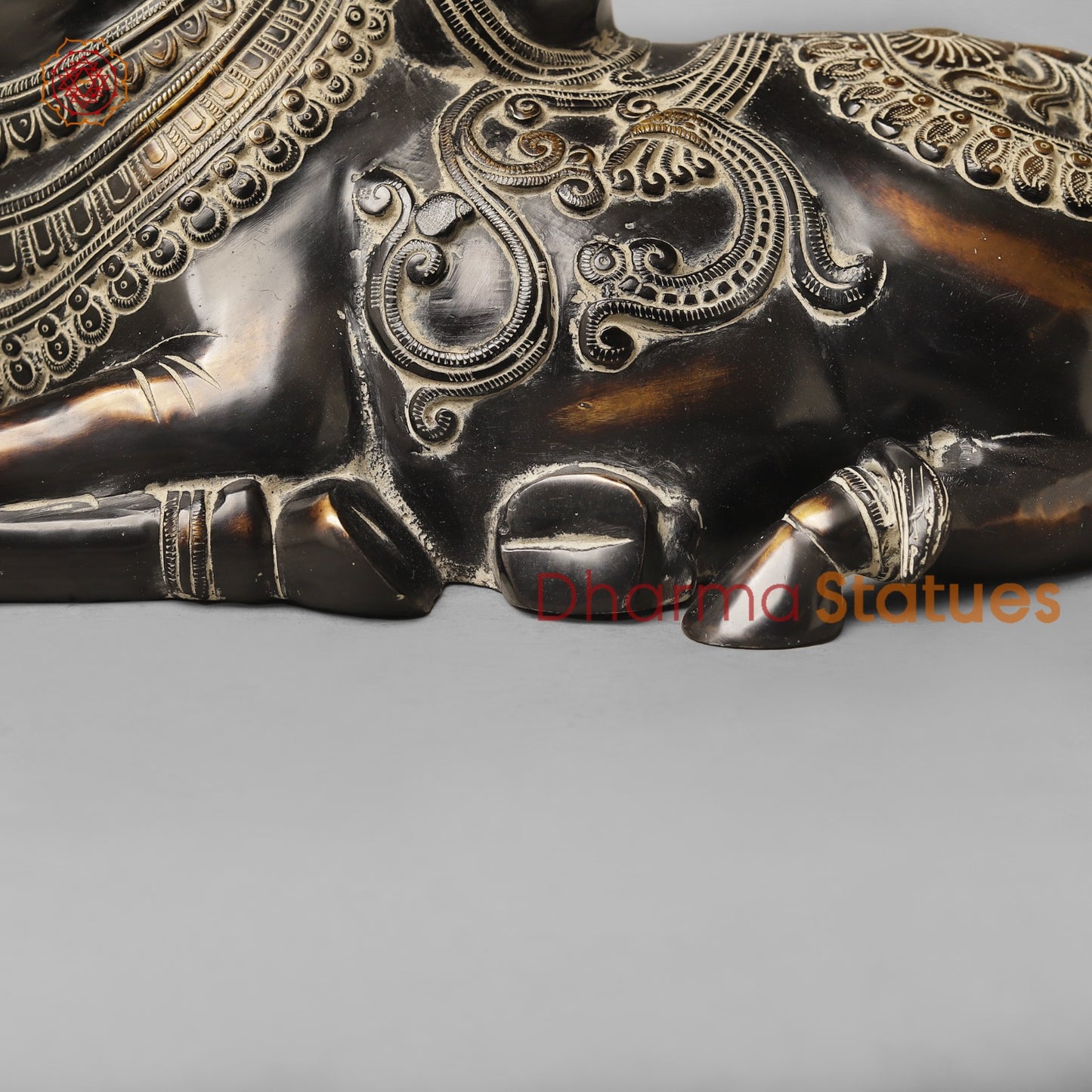 Brass Nandi Seated With Fine Carving, South Indian Antique Finish 16”