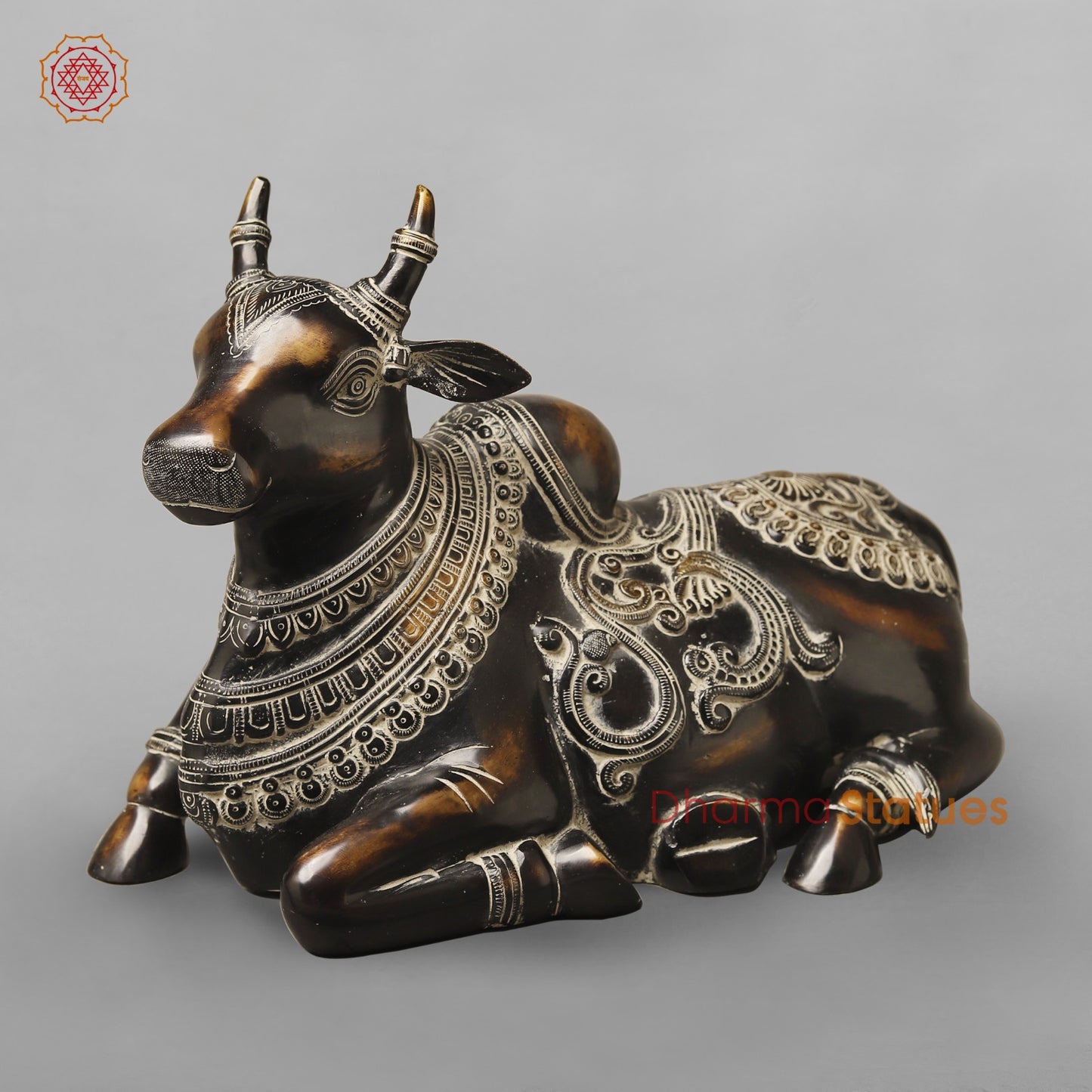 Brass Nandi Seated With Fine Carving, South Indian Antique Finish 16”
