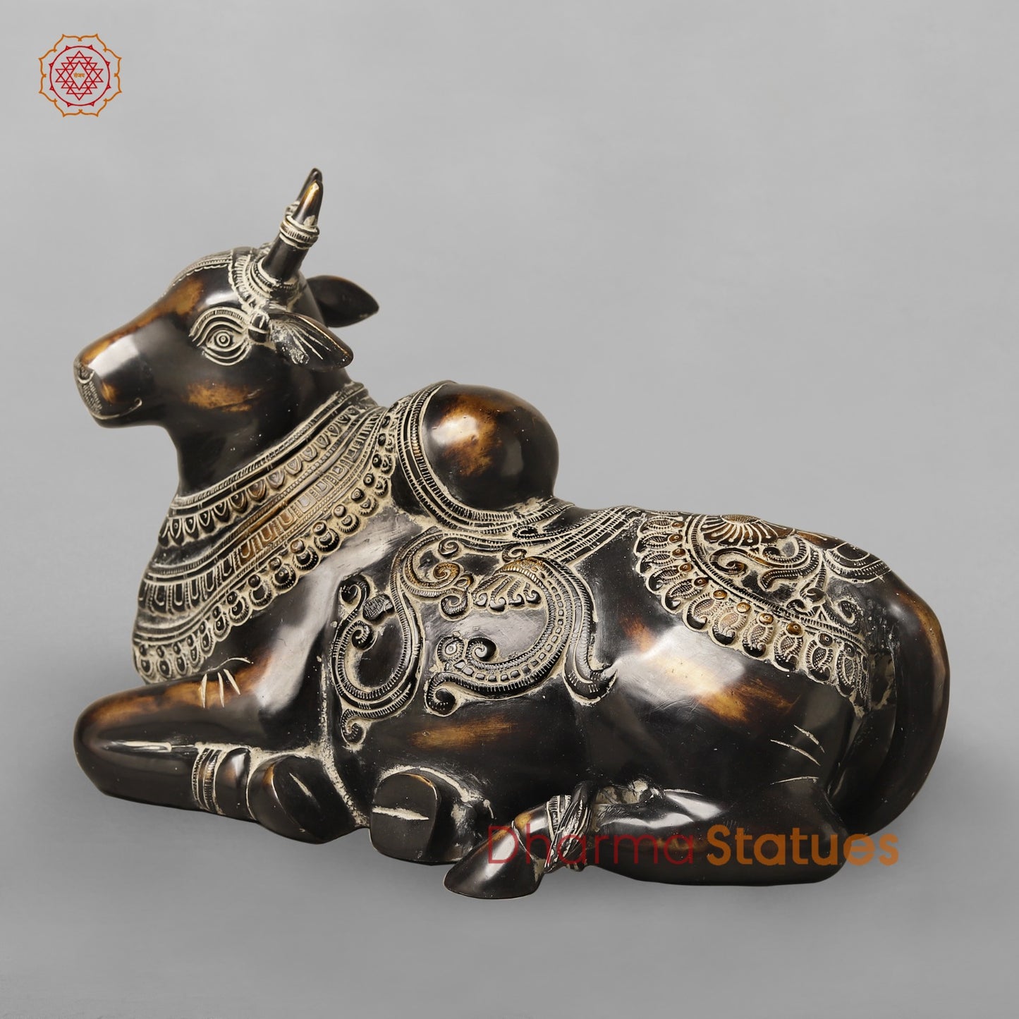 Brass Nandi Seated With Fine Carving, South Indian Antique Finish 16”