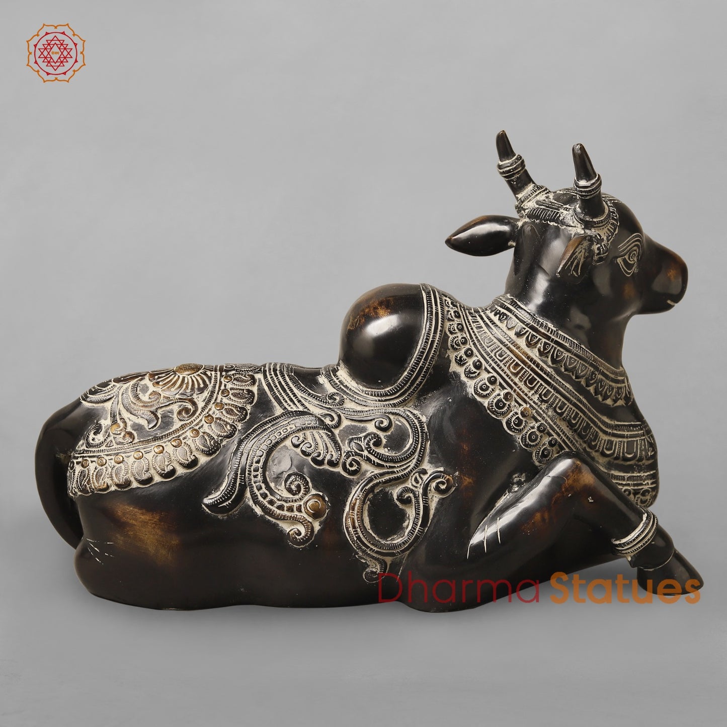 Brass Nandi Seated With Fine Carving, South Indian Antique Finish 16”
