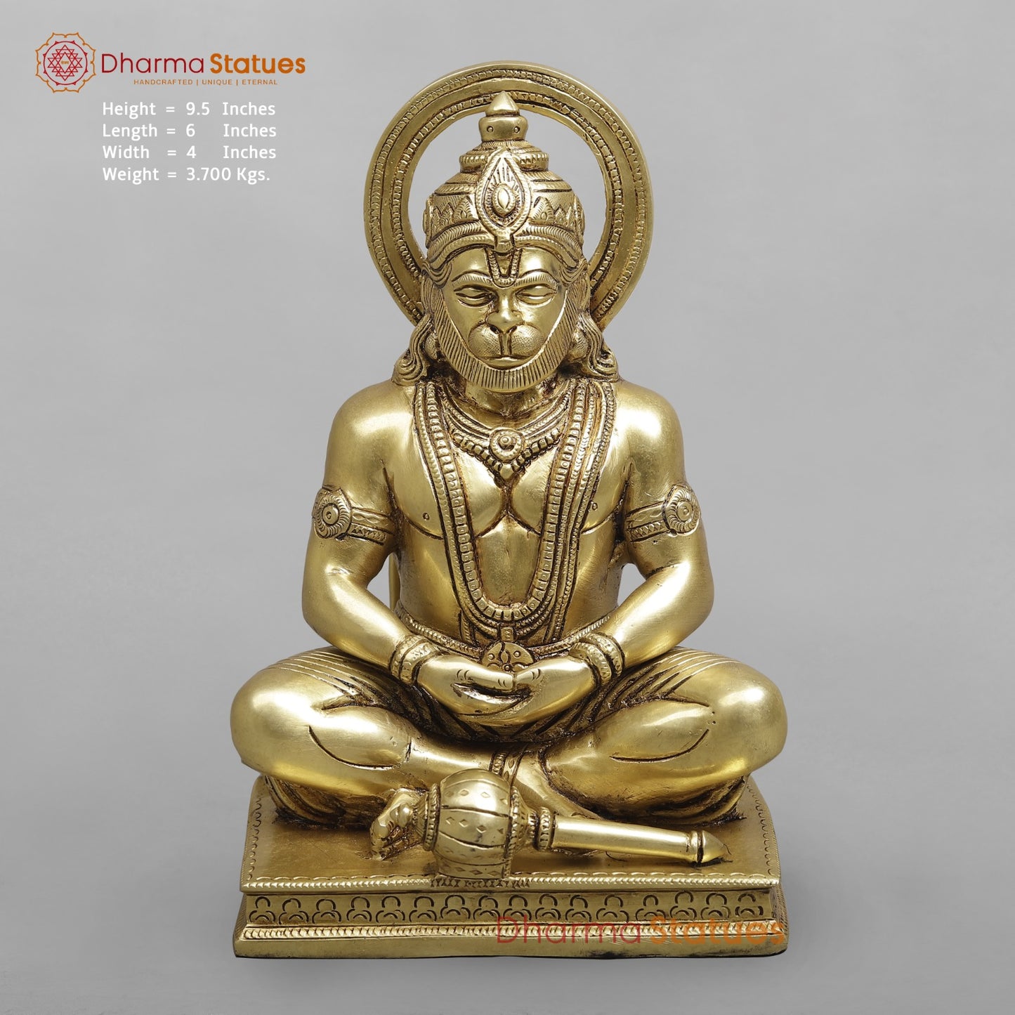 Brass Dhyan Hanuman Seated Fine, Soecial Gold Finish 9.5”