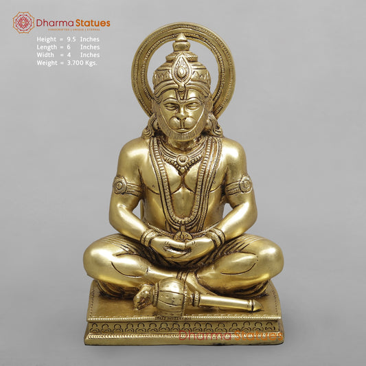 Brass Dhyan Hanuman Seated Fine, Soecial Gold Finish 9.5”