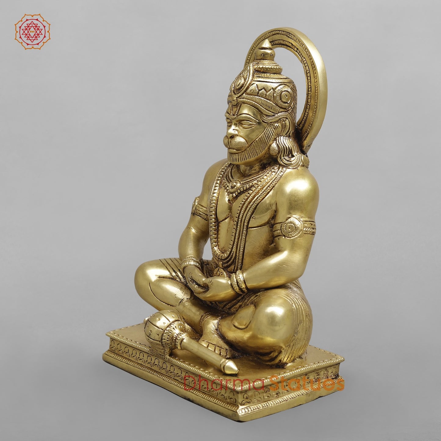 Brass Dhyan Hanuman Seated Fine, Soecial Gold Finish 9.5”