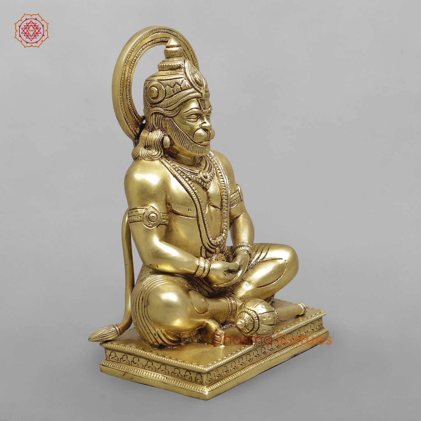 Brass Dhyan Hanuman Seated Fine, Soecial Gold Finish 9.5”
