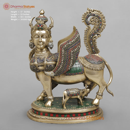 Brass Kamdhenu Cow With Calf Fine, Stone Work 17”