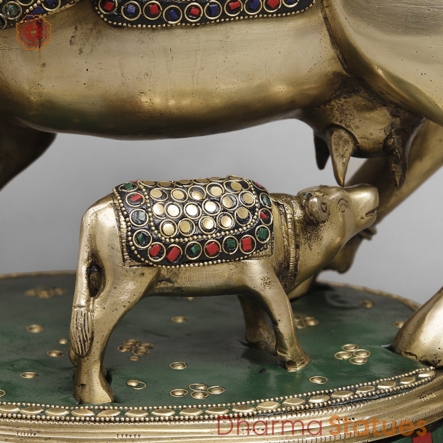 Brass Kamdhenu Cow With Calf Fine, Stone Work 17”