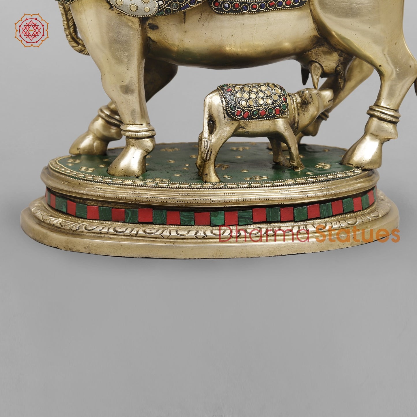 Brass Kamdhenu Cow With Calf Fine, Stone Work 17”