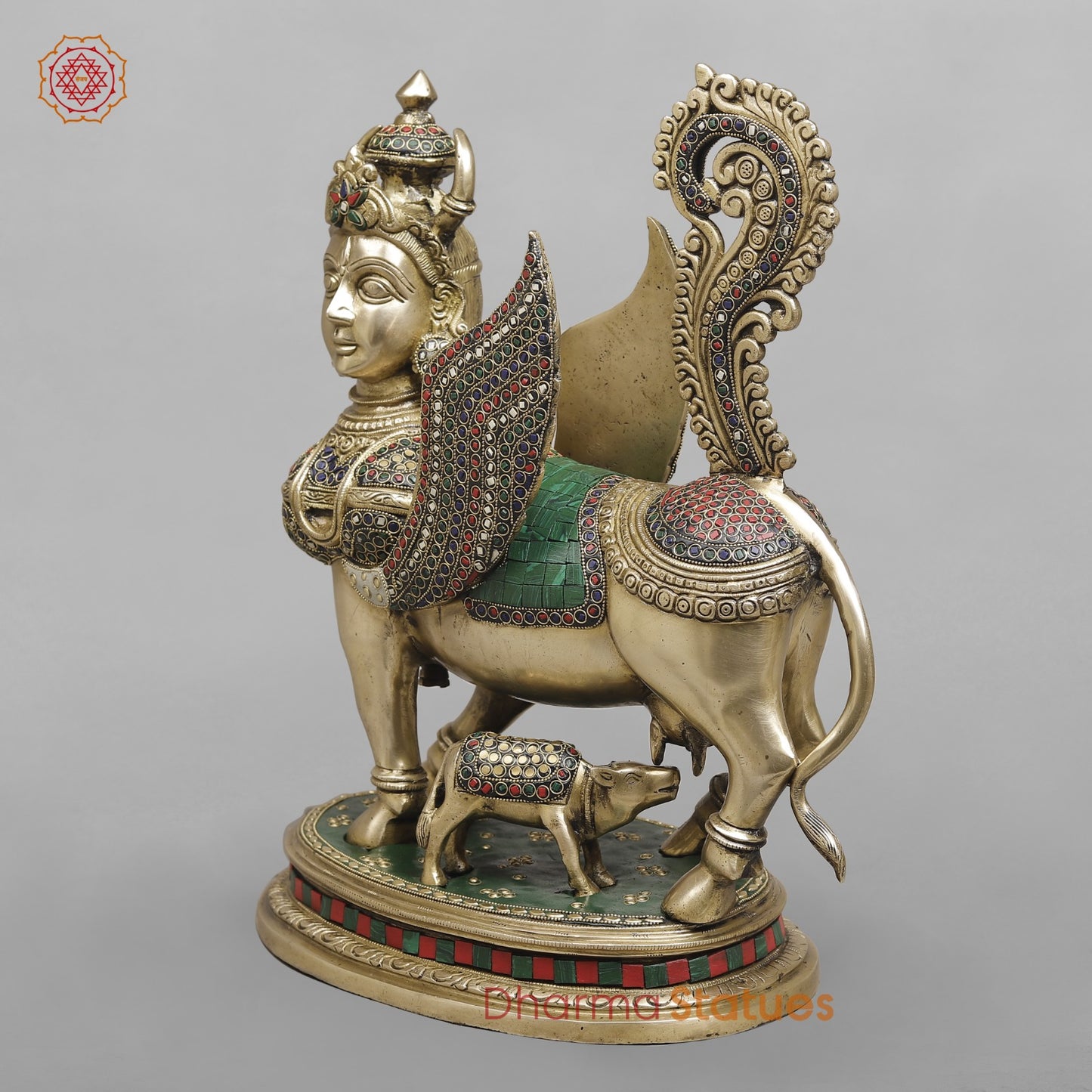 Brass Kamdhenu Cow With Calf Fine, Stone Work 17”