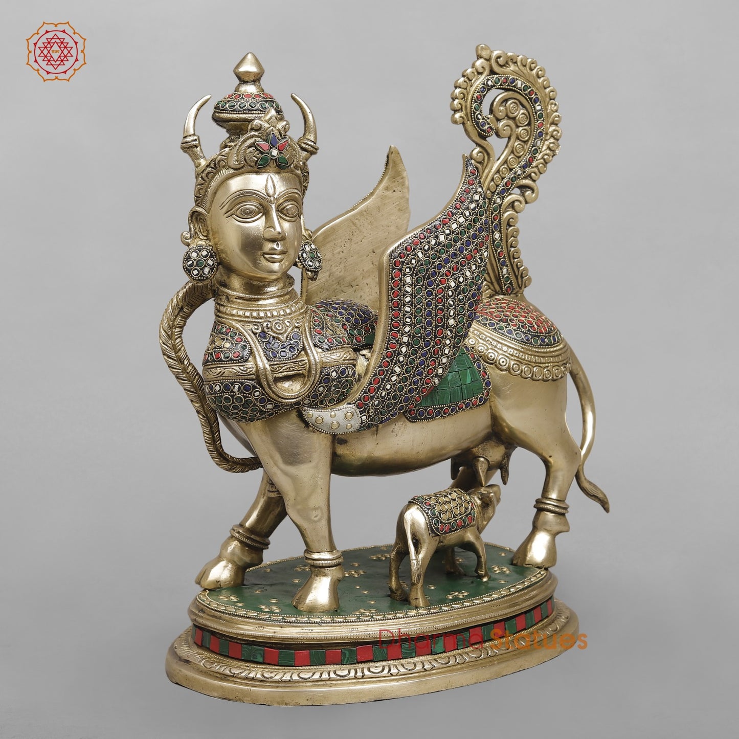 Brass Kamdhenu Cow With Calf Fine, Stone Work 17”