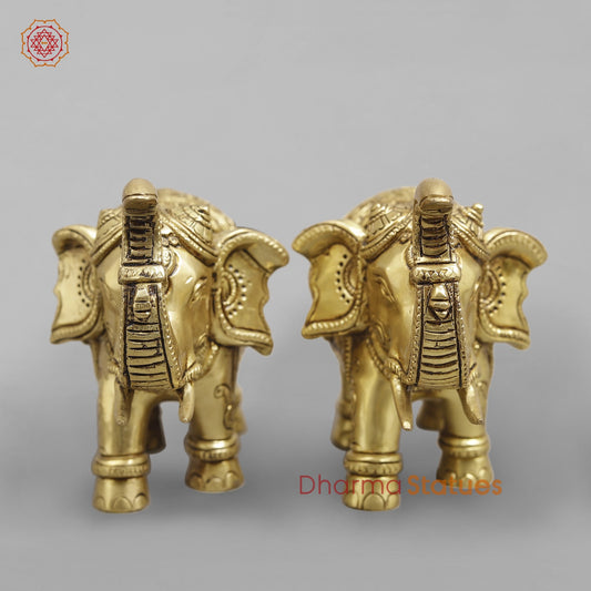 Brass Elephants Fine Carved, Special Gold Finish 6.5 ( Set of 2)