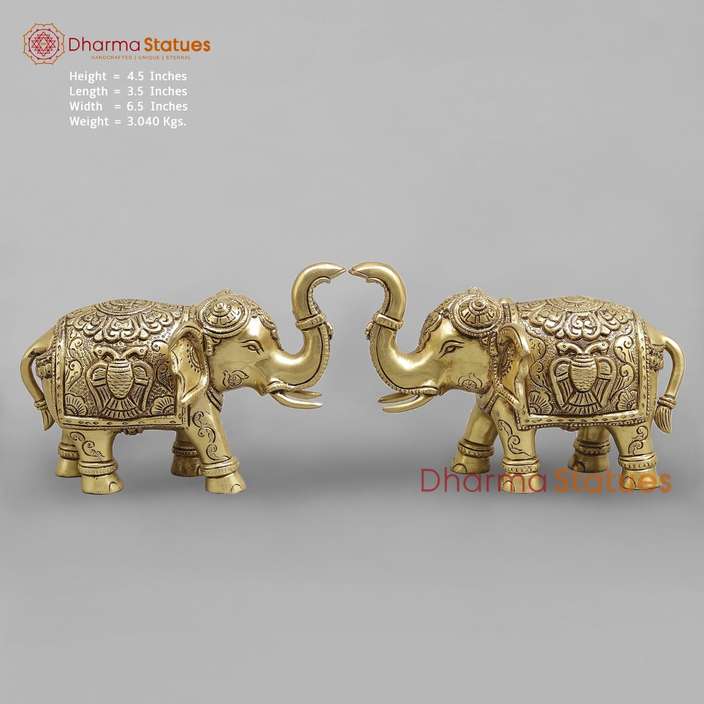 Brass Elephants Fine Carved, Special Gold Finish 6.5 ( Set of 2)