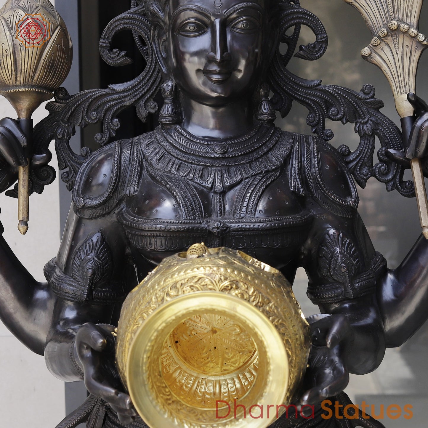 Bronze Lakshmi Standing with Wealth Pot, Antique Finish 67”