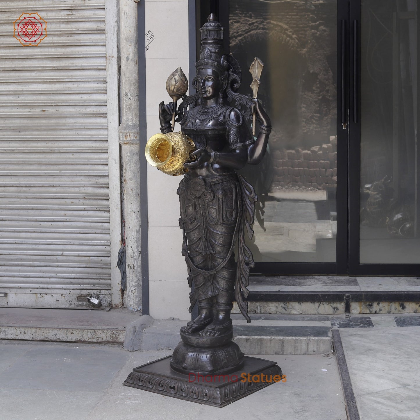 Bronze Lakshmi Standing with Wealth Pot, Antique Finish 67”