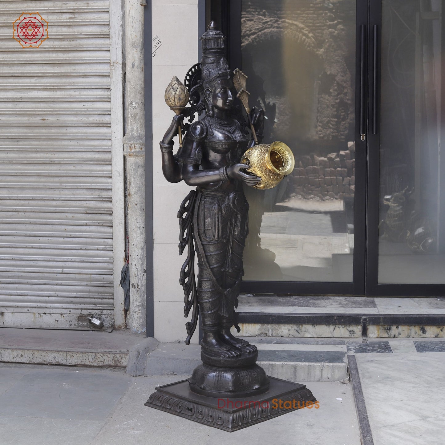 Bronze Lakshmi Standing with Wealth Pot, Antique Finish 67”