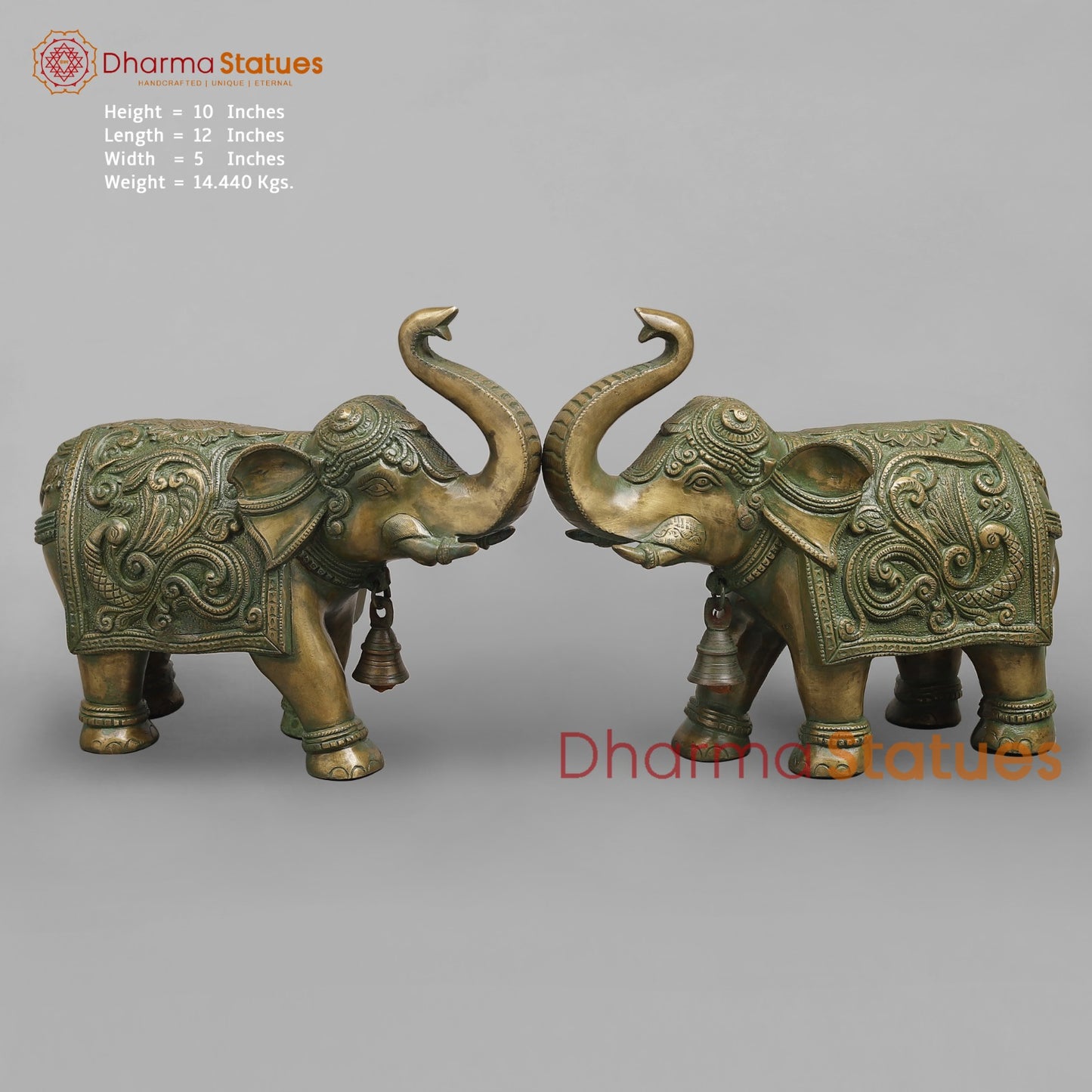 Brass Elephants Pair Peacock carving Fine, Patina Finish 12”