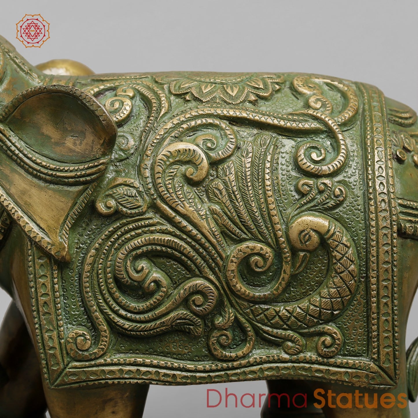 Brass Elephants Pair Peacock carving Fine, Patina Finish 12”