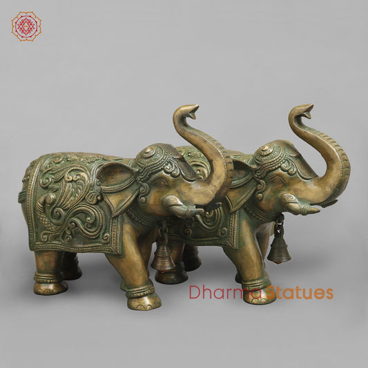 Brass Elephants Pair Peacock carving Fine, Patina Finish 12”