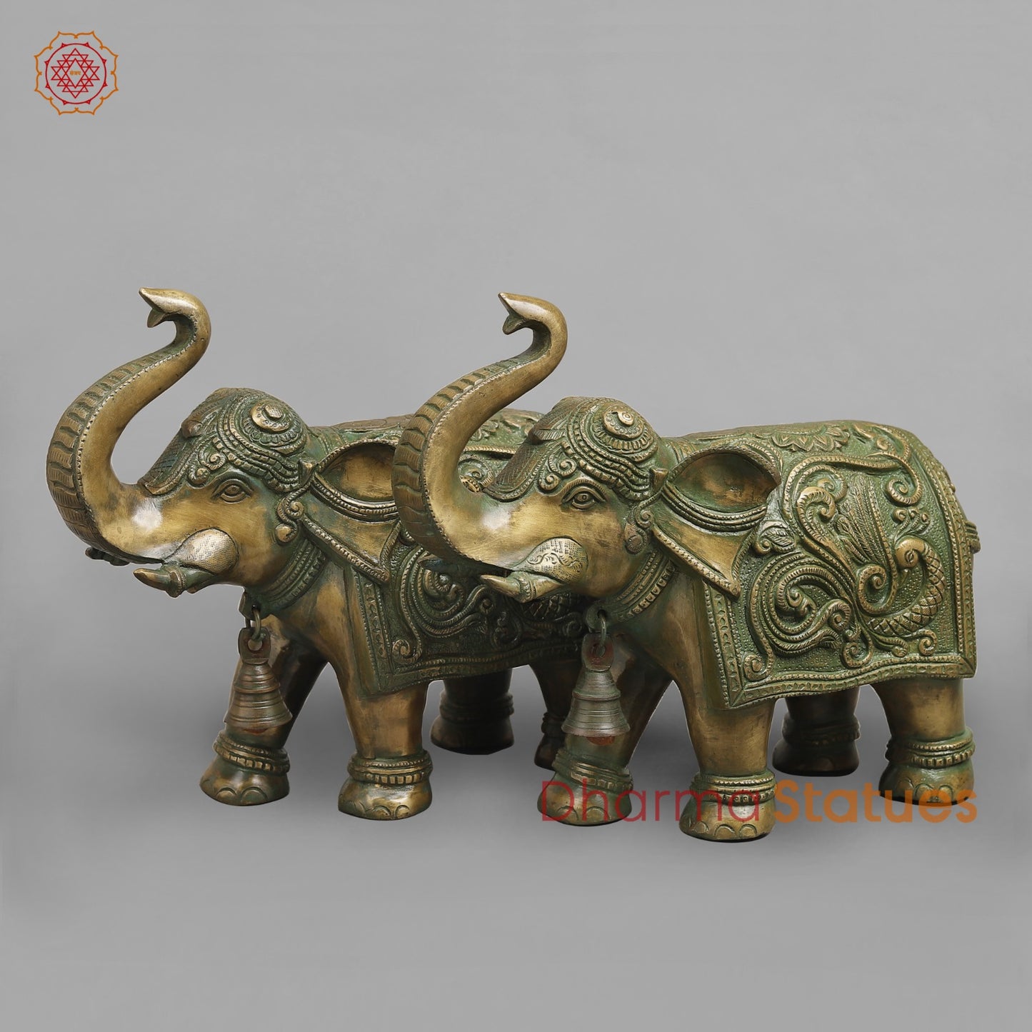 Brass Elephants Pair Peacock carving Fine, Patina Finish 12”