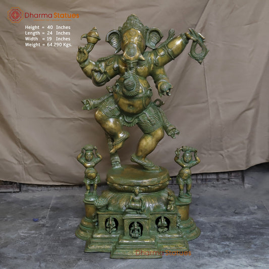 Brass Dancing Ganesh With Devotees Fine, Patina Ganesh 40”