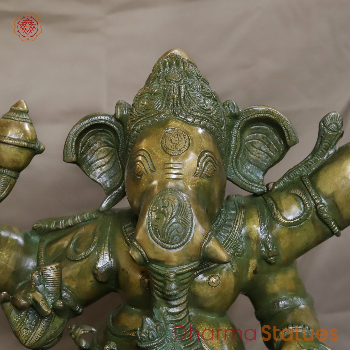Brass Dancing Ganesh With Devotees Fine, Patina Ganesh 40”