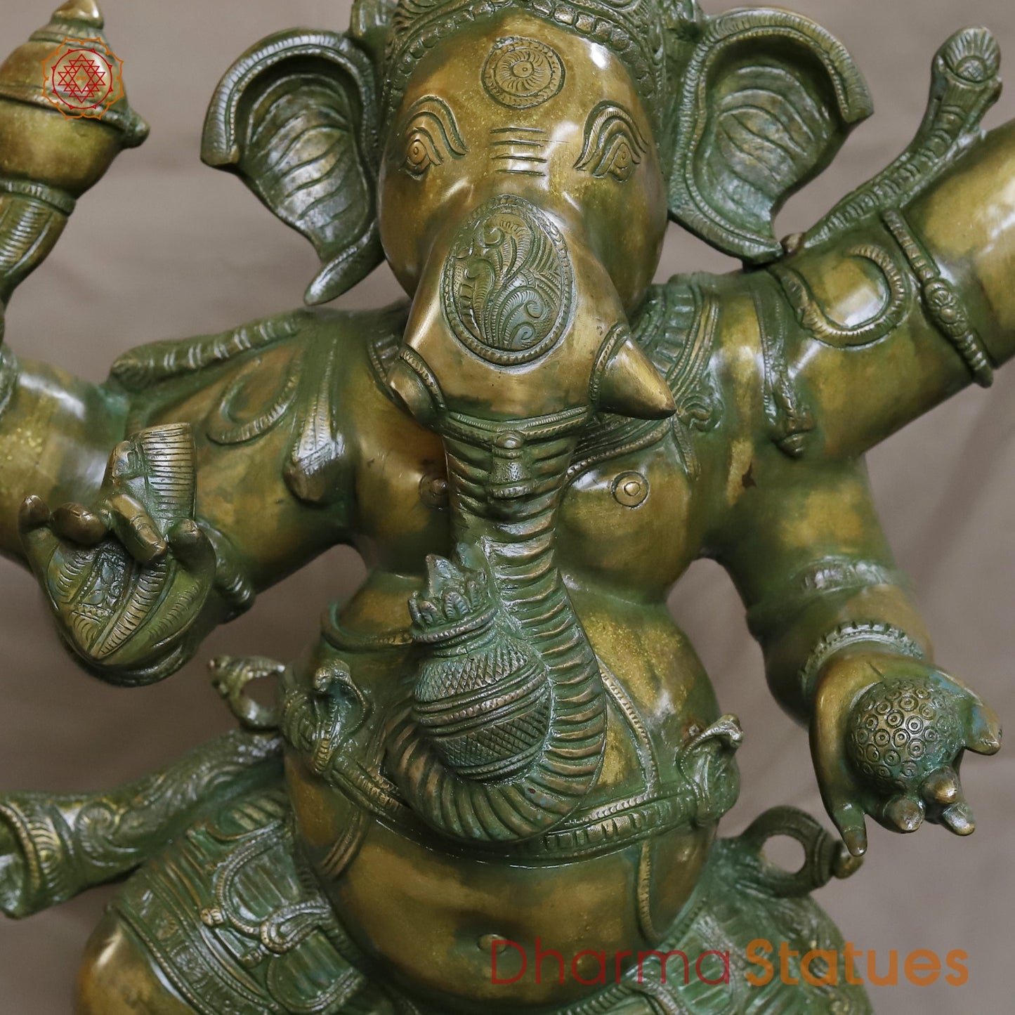 Brass Dancing Ganesh With Devotees Fine, Patina Ganesh 40”