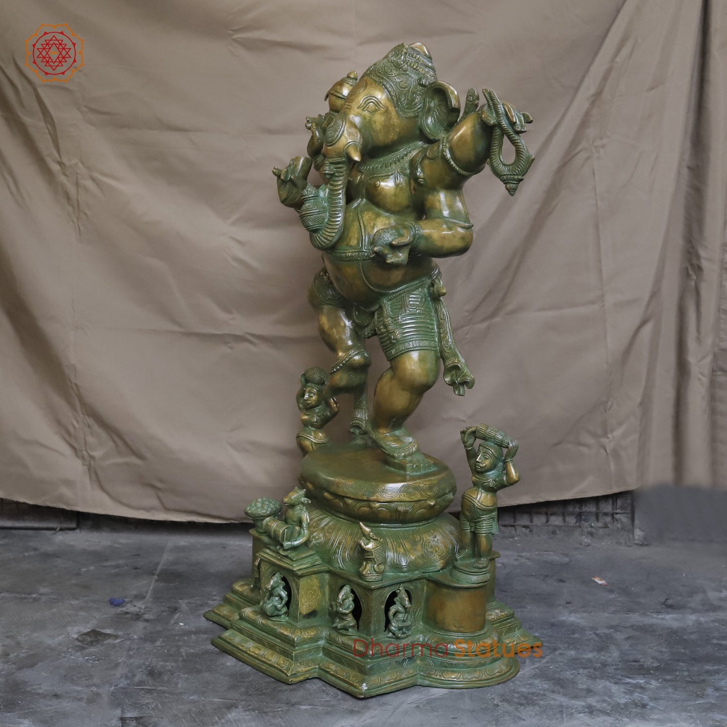 Brass Dancing Ganesh With Devotees Fine, Patina Ganesh 40”