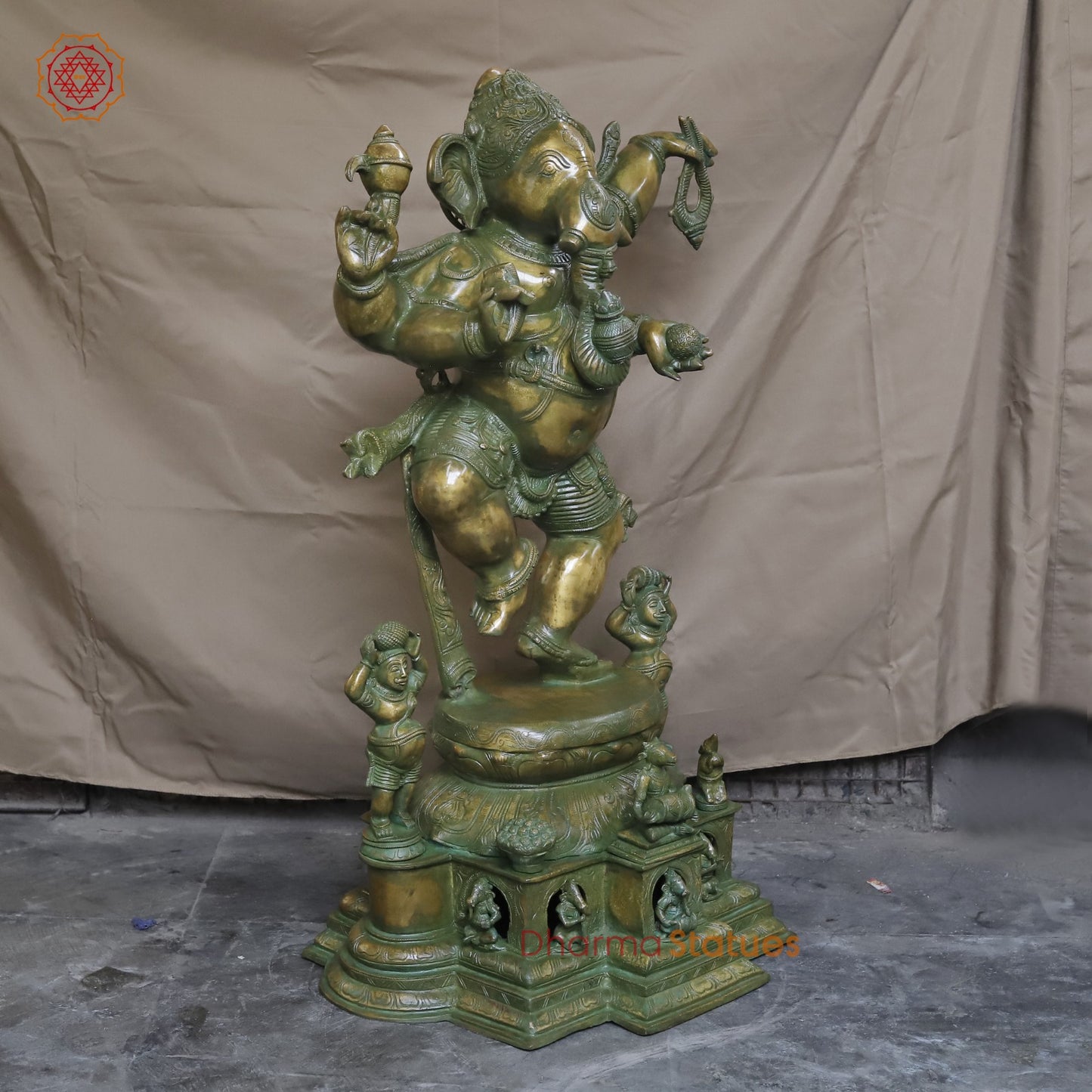 Brass Dancing Ganesh With Devotees Fine, Patina Ganesh 40”