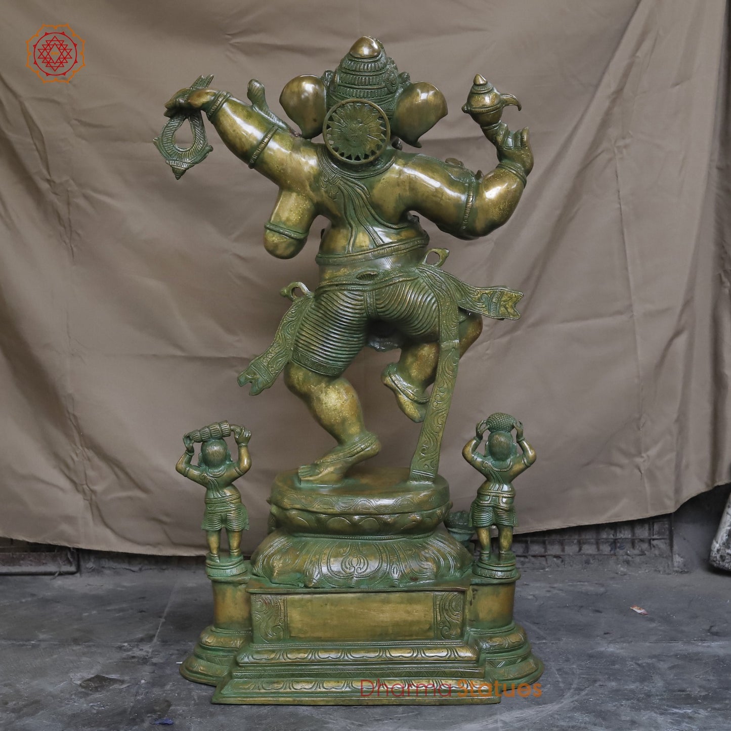 Brass Dancing Ganesh With Devotees Fine, Patina Ganesh 40”