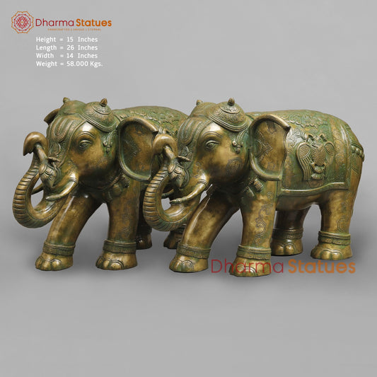 Brass South Indian Elephants Holding Lotus fine, Patina Finish 26”
