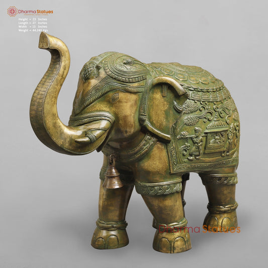 Brass Elephants With Doli Carving Fine, Patina Finish 27”