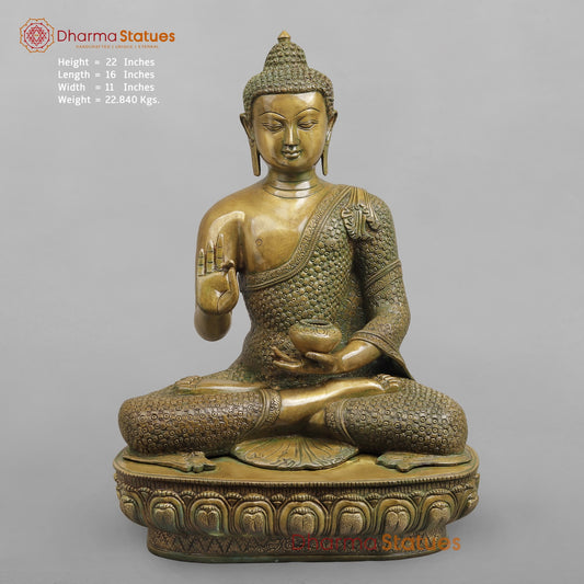 Brass Buddha seated Blessing Posture, Antique Patina Finish 22”