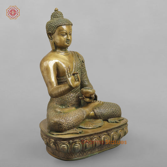 Brass Buddha seated Blessing Posture, Antique Patina Finish 22”