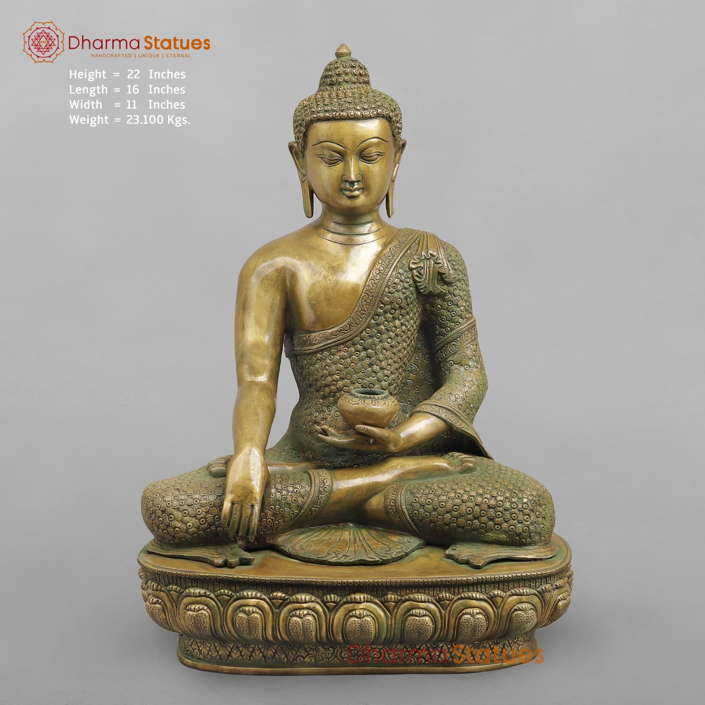 Brass Buddha Seated sakyamuni (Bhumi spasht), Antique Patina Finish 22”
