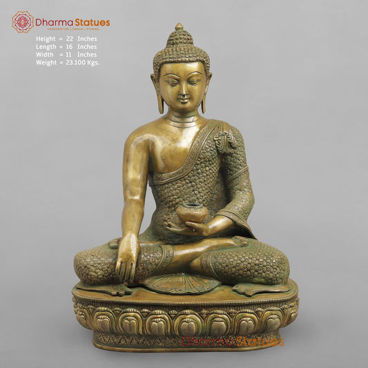 Brass Buddha Seated sakyamuni (Bhumi spasht), Antique Patina Finish 22”