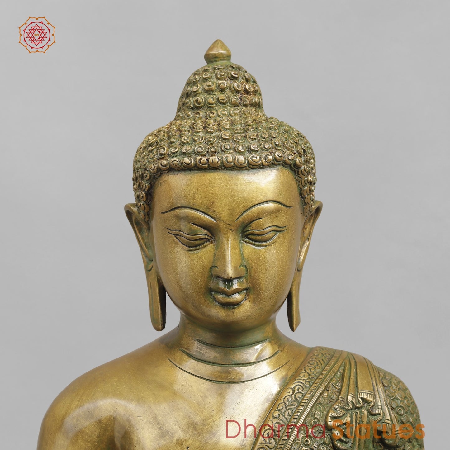Brass Buddha Seated sakyamuni (Bhumi spasht), Antique Patina Finish 22”