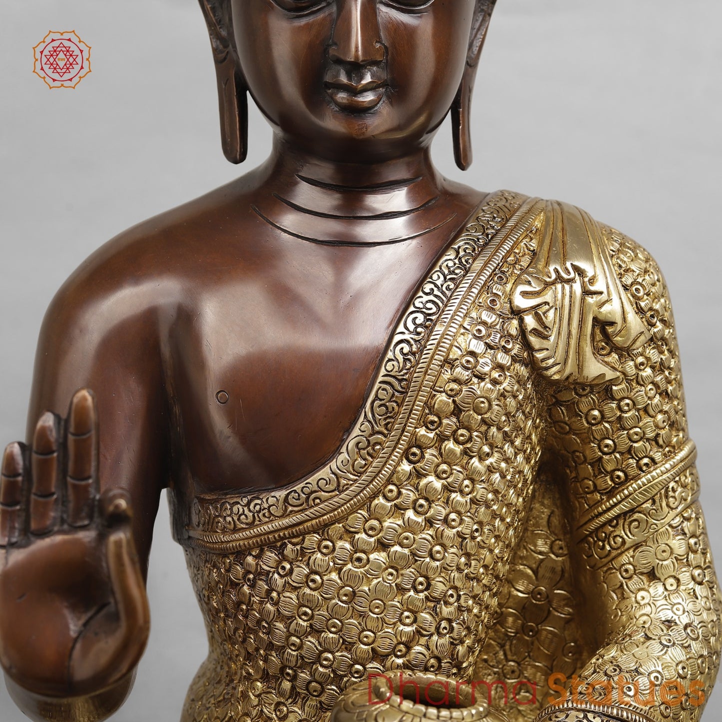 Brass Buddha Seated with Floral Carving Fine, Copper and Gold Finish 22"