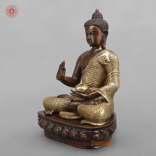 Brass Buddha Seated with Floral Carving Fine, Copper and Gold Finish 22"