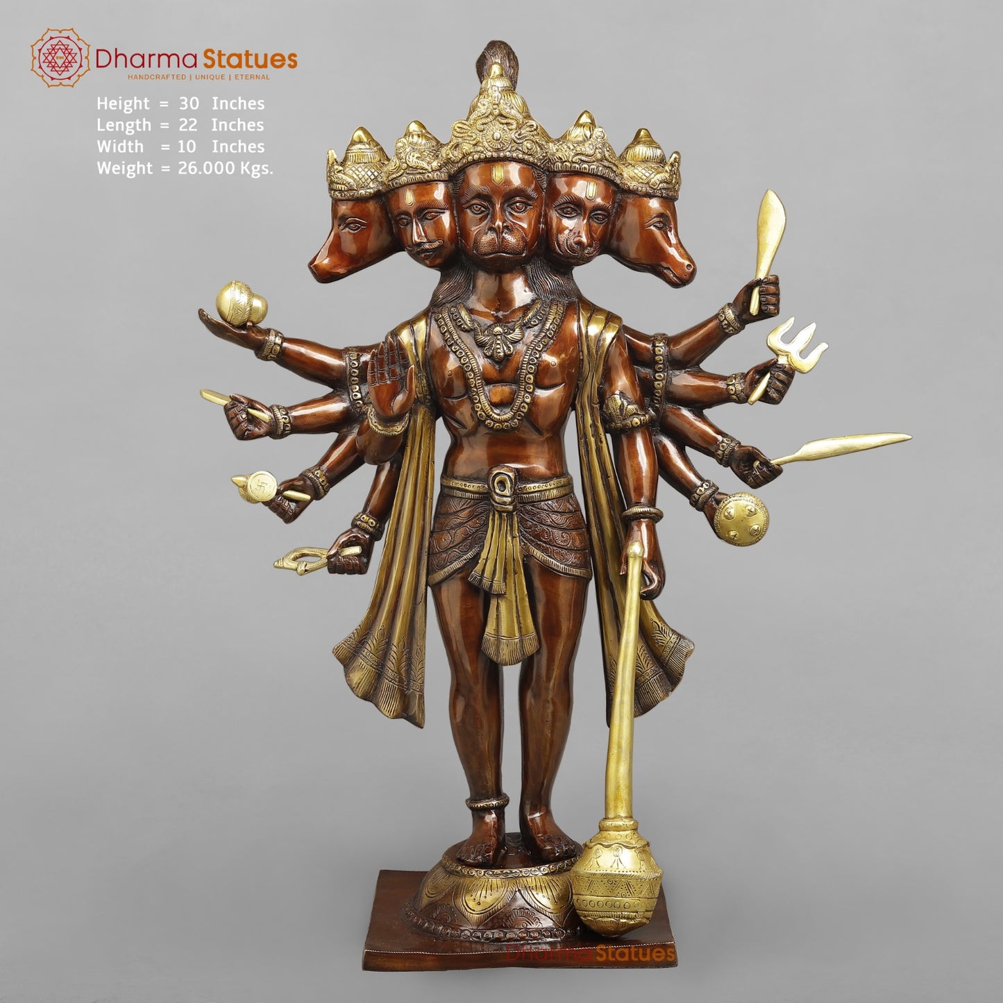 Brass Panchmukhi Hanuman Ji Standing Fine, Copper And Gold 30"